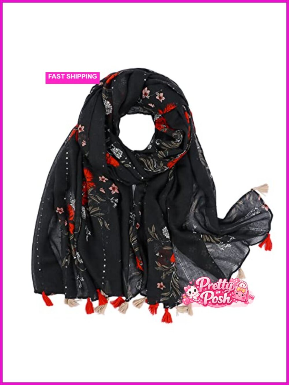 Lightweight Floral Printed Polyester Fringed Shawl Scarf